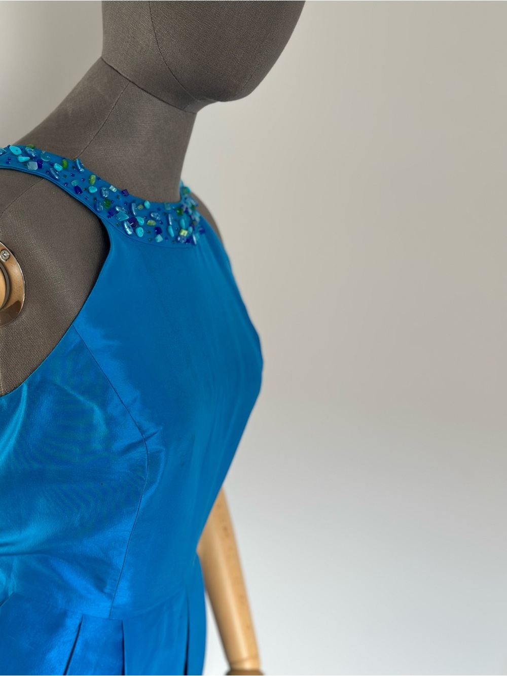 Silk Turquoise Sleeveless Beaded Dress Tulip Skirt - Picture 14 of 17
